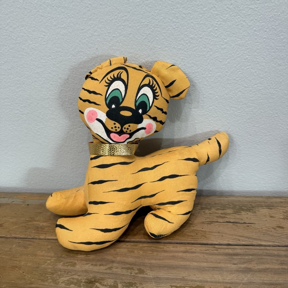 Vintage 1950s Carnival Toy Tiger Plush Printed Gold Collar Retro 10in Taiwan